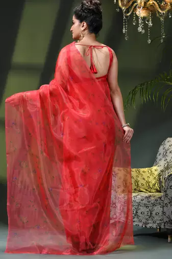Women's printed organza sari trending rose leaf design fancy wedding saree for women
