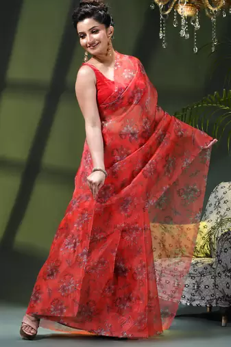 Women's printed organza sari trending rose leaf design fancy wedding saree for women