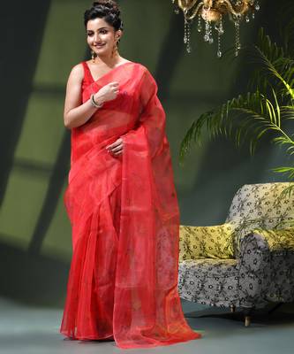 Women's printed organza sari trending rose leaf design fancy wedding saree for women 4