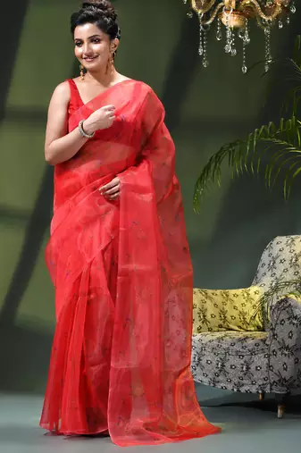 Women's printed organza sari trending rose leaf design fancy wedding saree for women