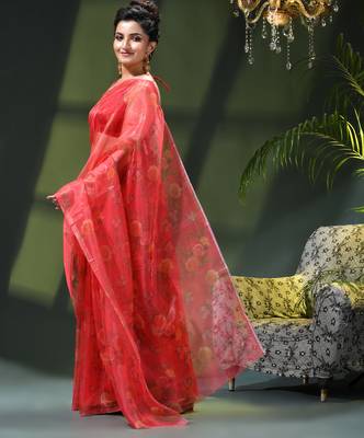 Women's printed organza sari trending rose leaf design fancy wedding saree for women 2