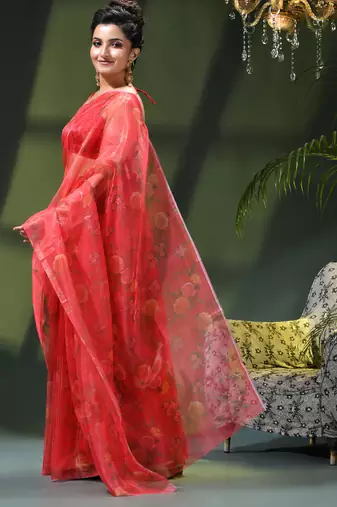Women's printed organza sari trending rose leaf design fancy wedding saree for women