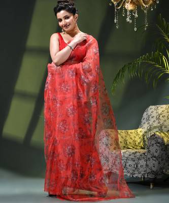 Women's printed organza sari trending rose leaf design fancy wedding saree for women 5