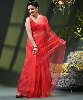Women's printed organza sari trending rose leaf design fancy wedding saree for women 5