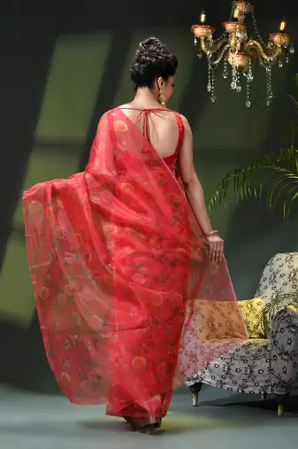 Women's printed organza sari trending rose leaf design fancy wedding saree for women
