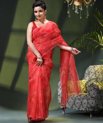 Women's printed organza sari trending rose leaf design fancy wedding saree for women 4