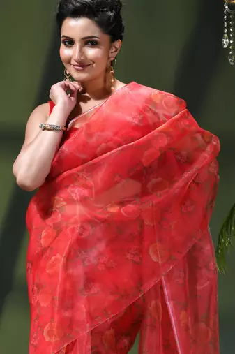 Women's printed organza sari trending rose leaf design fancy wedding saree for women