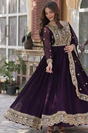 Wine soft georgette  party wear embroidery  suit set