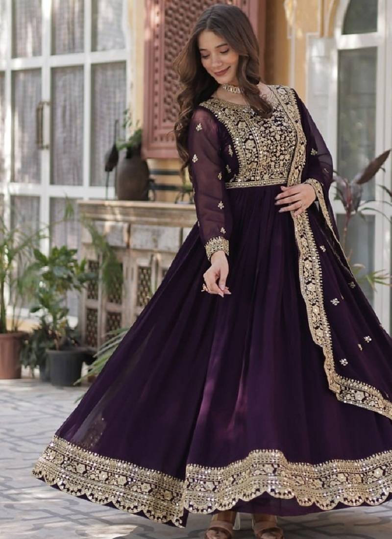 Wine soft georgette  party wear embroidery  suit set