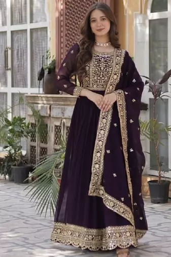 Wine soft georgette  party wear embroidery  suit set