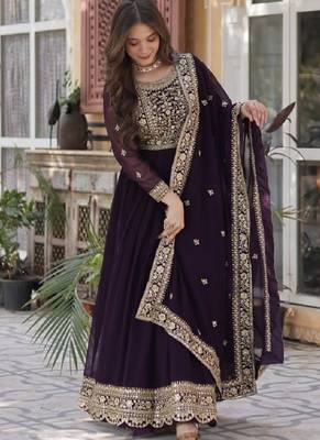 Wine soft georgette  party wear embroidery  suit set 4