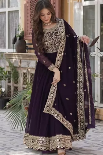 Wine soft georgette  party wear embroidery  suit set