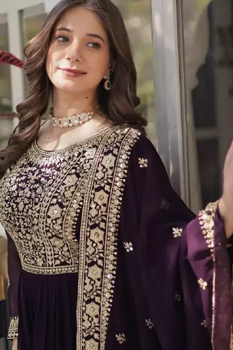 Wine soft georgette  party wear embroidery  suit set