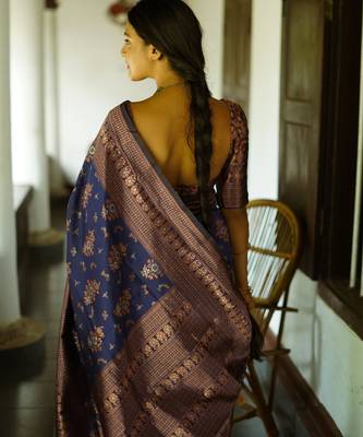 blue silk blend banarasi saree with unstitched blouse piece 5