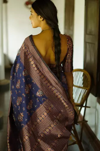 blue silk blend banarasi saree with unstitched blouse piece