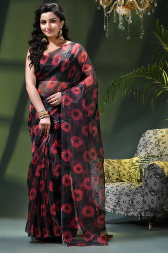 Women's printed organza sari trending rose leaf design fancy wedding saree for women