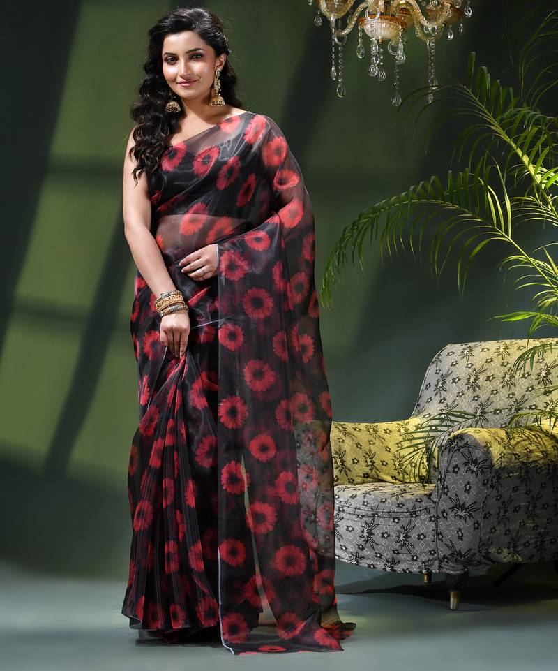 Women's printed organza sari trending rose leaf design fancy wedding saree for women