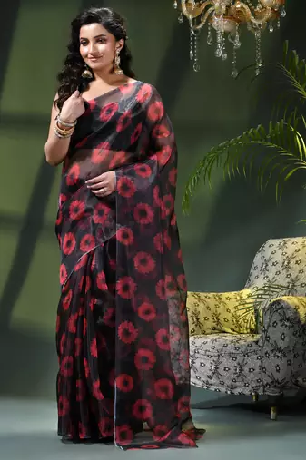 Women's printed organza sari trending rose leaf design fancy wedding saree for women