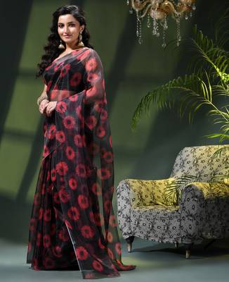 Women's printed organza sari trending rose leaf design fancy wedding saree for women 3
