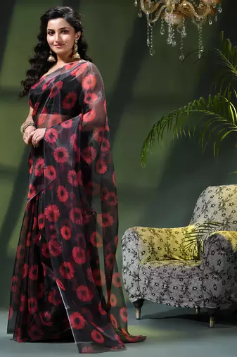 Women's printed organza sari trending rose leaf design fancy wedding saree for women