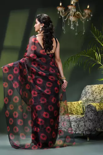 Women's printed organza sari trending rose leaf design fancy wedding saree for women