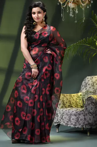 Women's printed organza sari trending rose leaf design fancy wedding saree for women