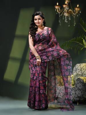 Women's printed organza sari trending rose leaf design fancy wedding saree for women 1