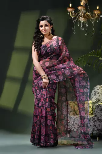 Women's printed organza sari trending rose leaf design fancy wedding saree for women