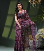 Women's printed organza sari trending rose leaf design fancy wedding saree for women