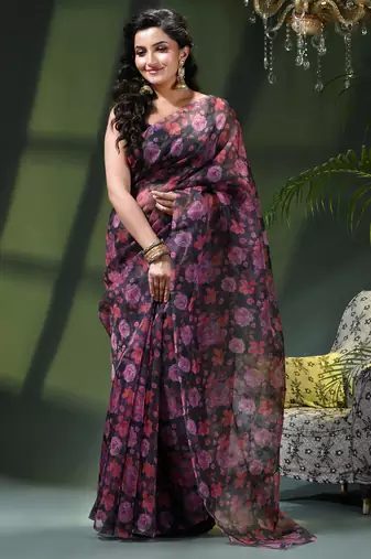 Women's printed organza sari trending rose leaf design fancy wedding saree for women