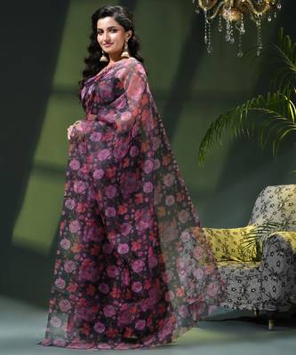 Women's printed organza sari trending rose leaf design fancy wedding saree for women 3