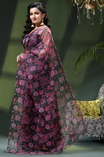 Women's printed organza sari trending rose leaf design fancy wedding saree for women