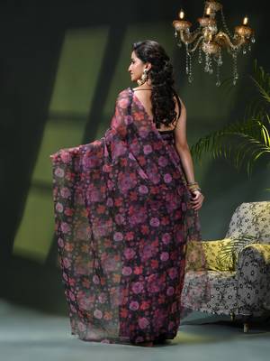 Women's printed organza sari trending rose leaf design fancy wedding saree for women 4