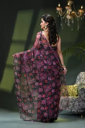 Women's printed organza sari trending rose leaf design fancy wedding saree for women