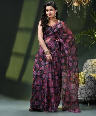 Women's printed organza sari trending rose leaf design fancy wedding saree for women 5