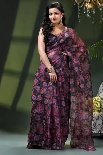 Women's printed organza sari trending rose leaf design fancy wedding saree for women