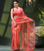 Women's printed organza sari trending rose leaf design fancy wedding saree for women