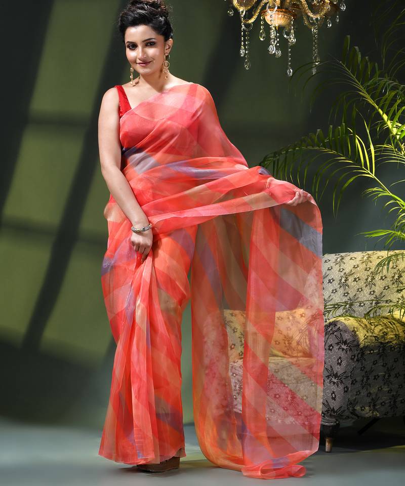 Women's printed organza sari trending rose leaf design fancy wedding saree for women