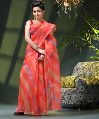 Women's printed organza sari trending rose leaf design fancy wedding saree for women 4