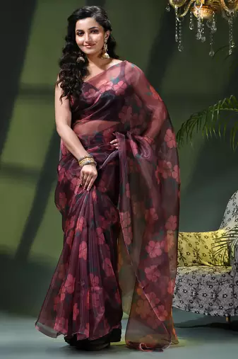 Women's printed organza sari trending rose leaf design fancy wedding saree for women