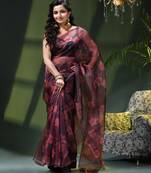 Women's printed organza sari trending rose leaf design fancy wedding saree for women