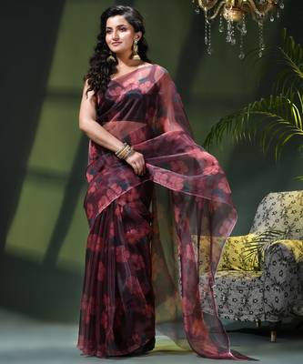Women's printed organza sari trending rose leaf design fancy wedding saree for women 2