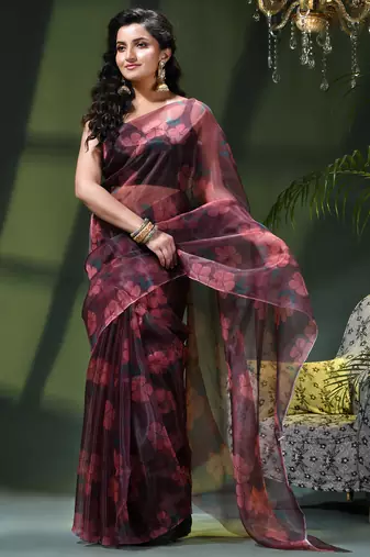 Women's printed organza sari trending rose leaf design fancy wedding saree for women