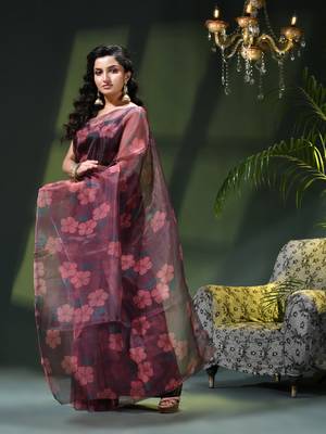 Women's printed organza sari trending rose leaf design fancy wedding saree for women 3