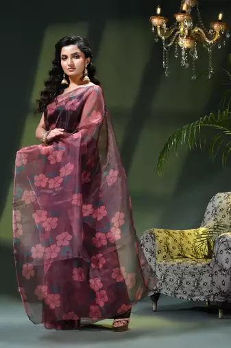 Women's printed organza sari trending rose leaf design fancy wedding saree for women