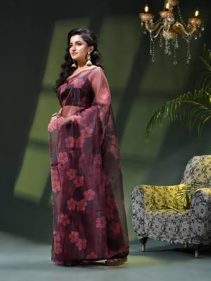 Women's printed organza sari trending rose leaf design fancy wedding saree for women 4