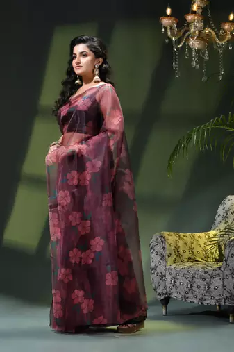 Women's printed organza sari trending rose leaf design fancy wedding saree for women