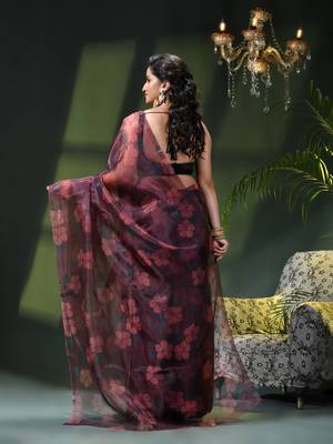 Women's printed organza sari trending rose leaf design fancy wedding saree for women 5