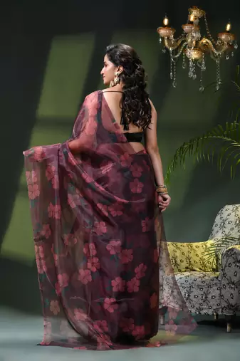Women's printed organza sari trending rose leaf design fancy wedding saree for women