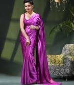 Soft satin silk saree one color solid design satin sari crepe farewell saree for women